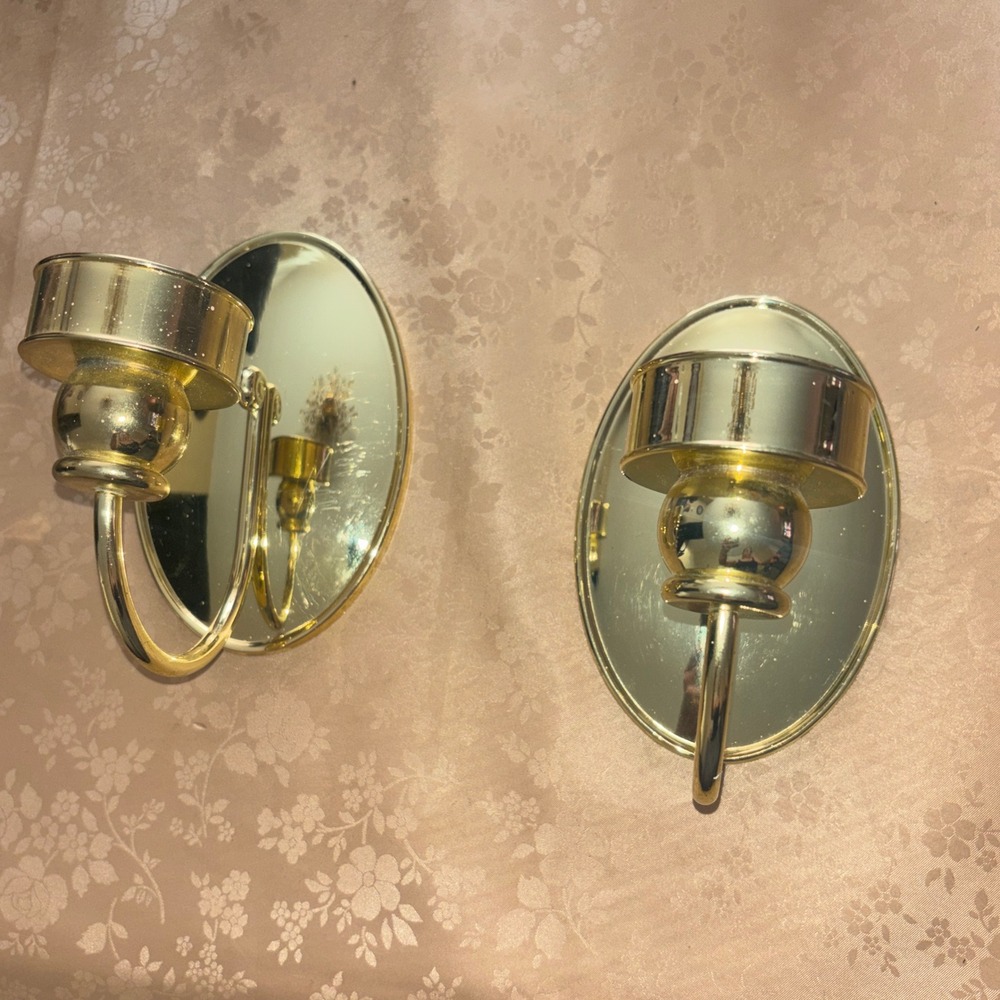 Vintage PartyLite Brass Mirror Wall Sconces Pair Gold Tone Candle Holders